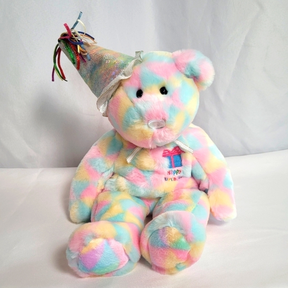 Ty Beanie Buddies Birthday Tie Dye Pastel Plush Bear Stuffed Animal 14" 2003